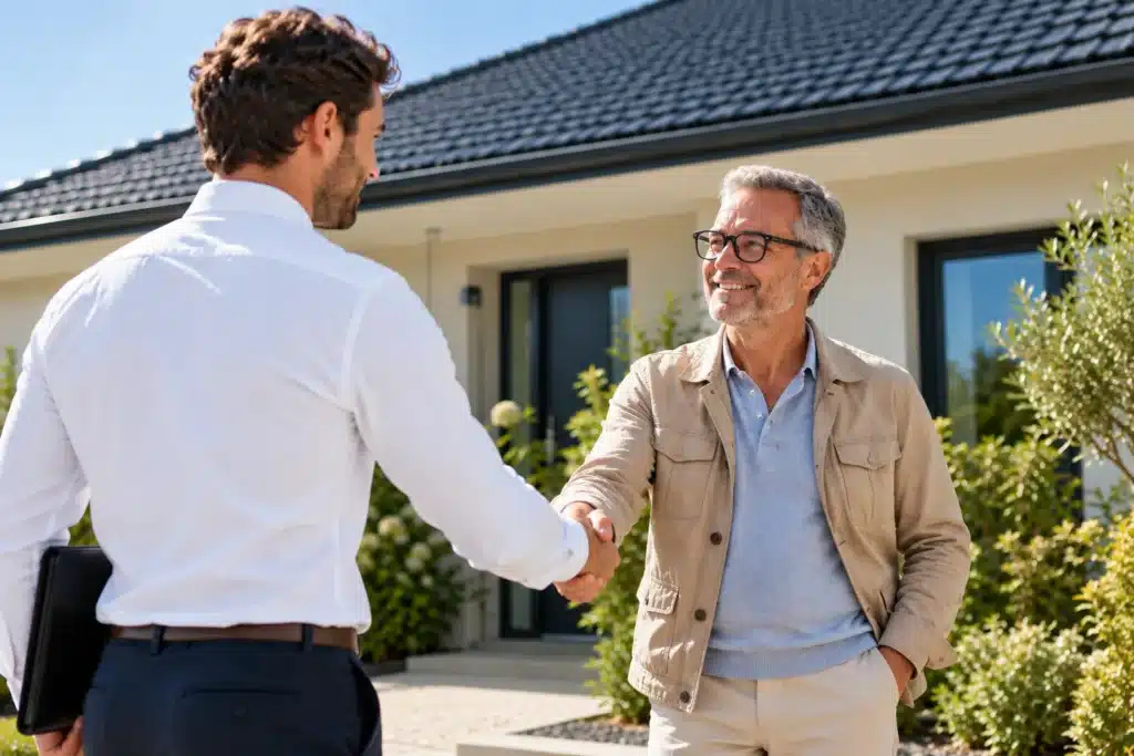 Deux hommes se serrent la main devant une maison